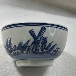 Delft Blue White Vintage Hand Painted Bowl Rice Soup Decor Holland Windmill Boat